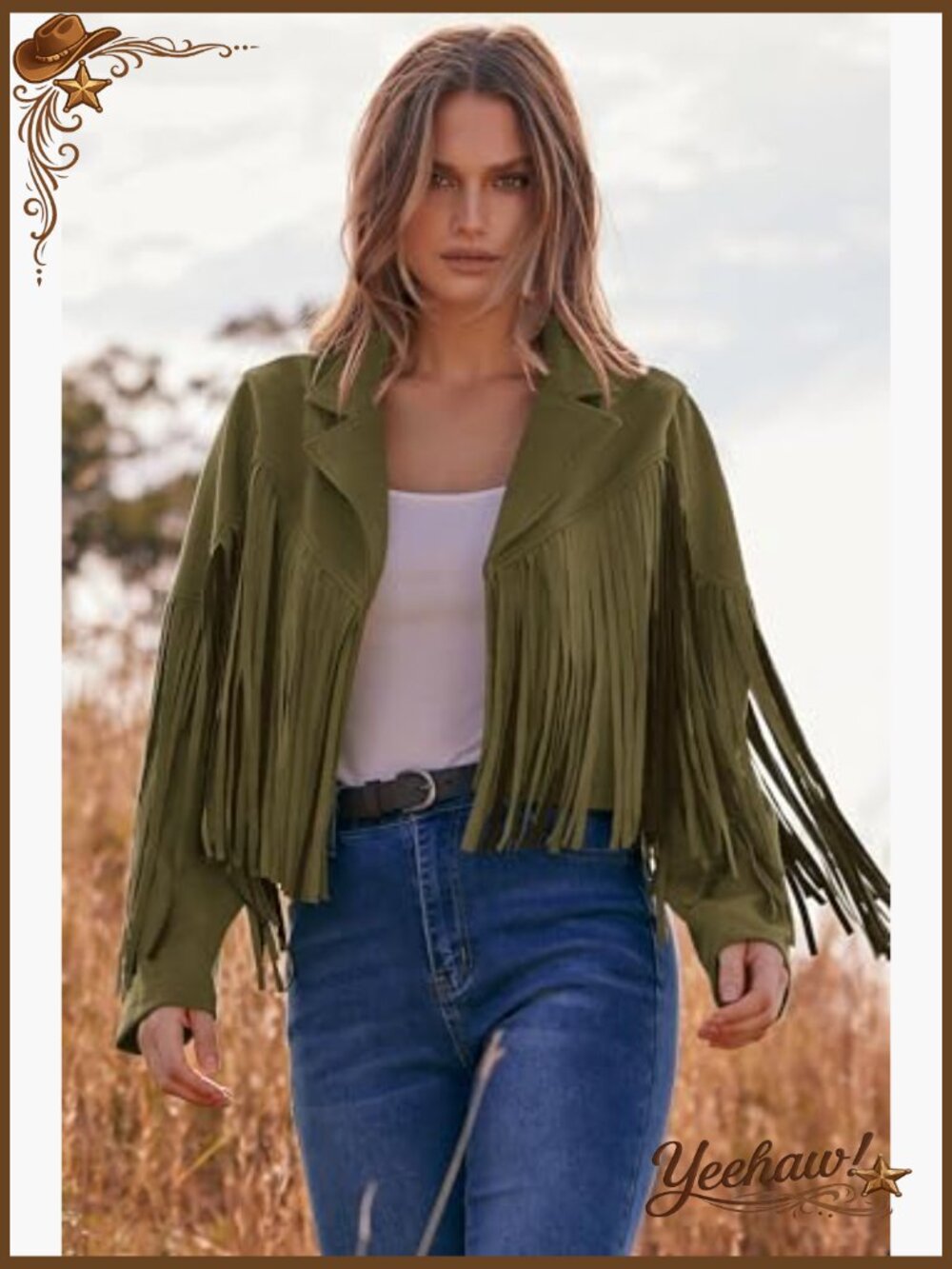 Faux Suede Fringe Cropped Motorcycle Jacket - Long Sleeve Tassel Coat - Picture 5 of 7